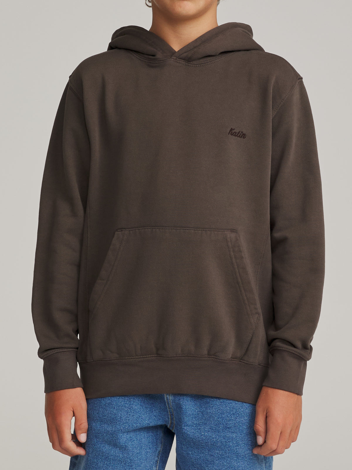 Katin Boys Embroidered Hoodie in Lead Vintage Wash heavyweight fleece with an embroidered Katin script logo, worn by a model, front view #color_lead vintage wash