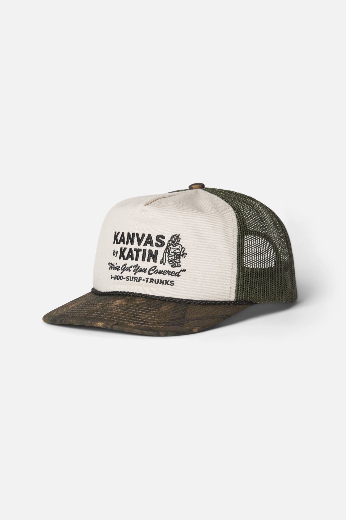 Katin Service Trucker Hat in Camo twill crown & brim, flat, front #color_camo