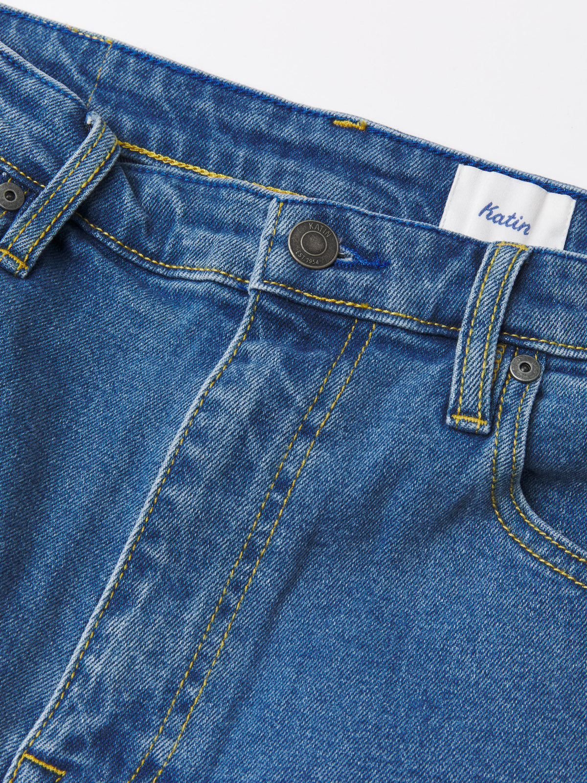 Katin George 64 Relaxed in Medium Indigo denim, flat, front detail #color_medium indigo