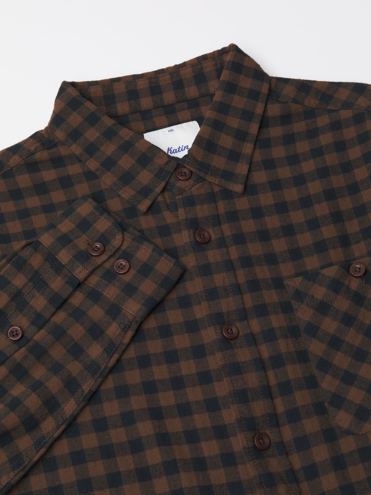 Katin Derek Flannel in Brown Plaid lightweight flannel, flat, front detail #color_brown plaid