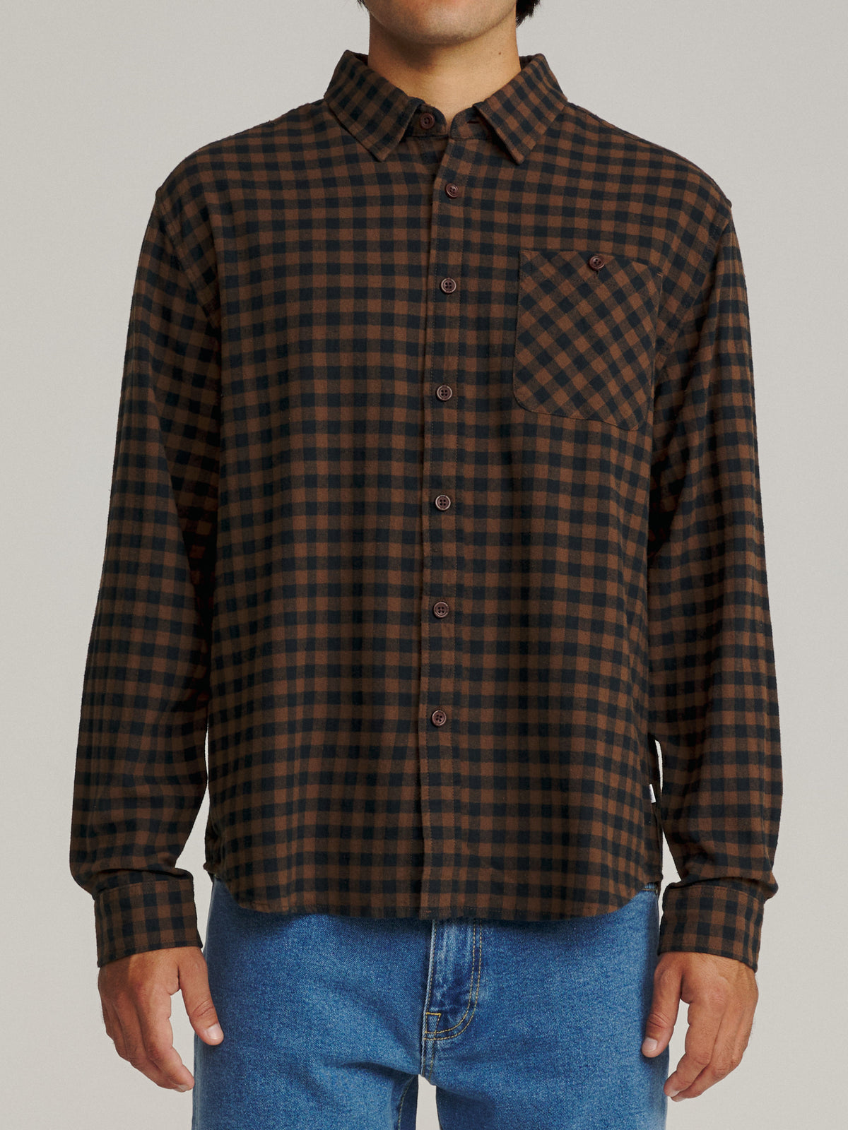 Katin Derek Flannel in Brown Plaid lightweight flannel, on model, front #color_brown plaid