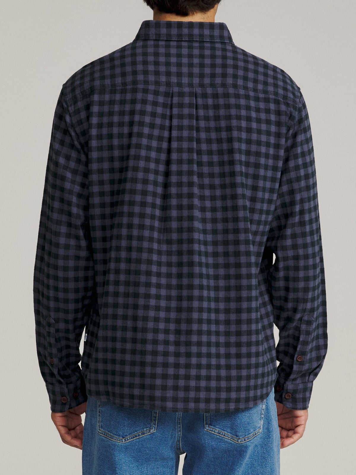 Katin Derek Flannel in Washed Blue Plaid, on model, back #color_washed blue plaid