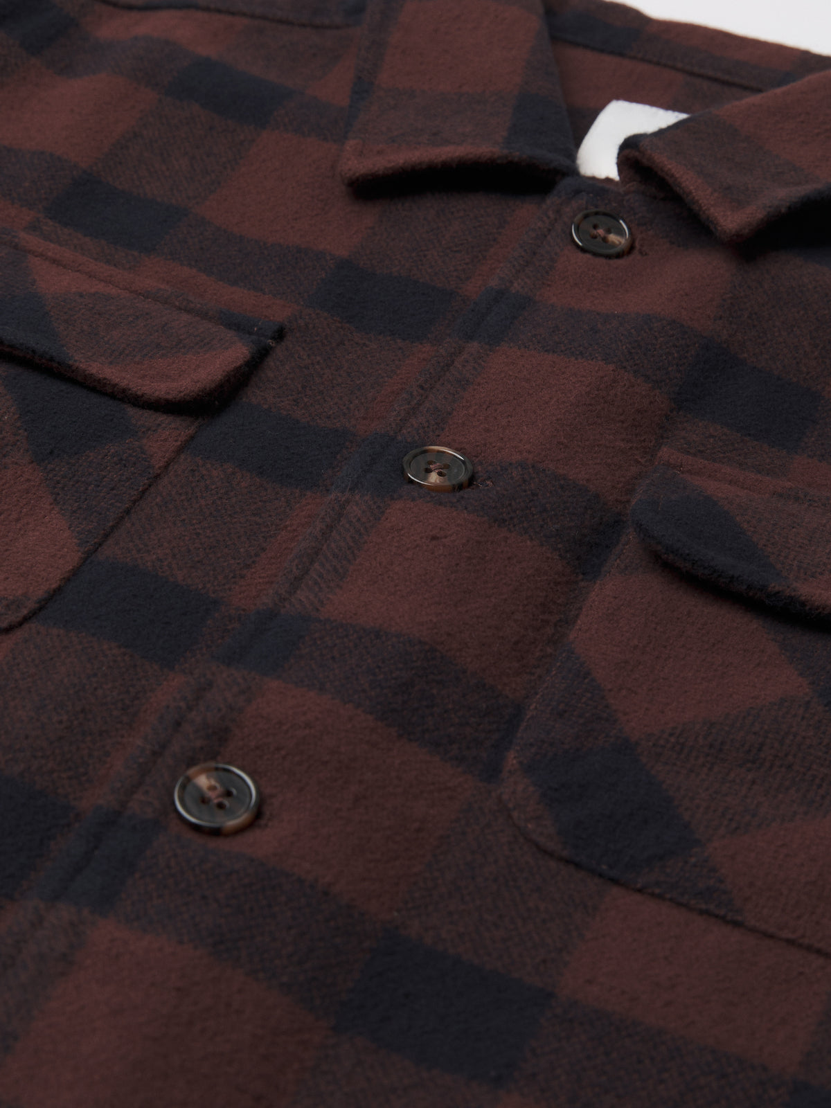 Katin Shiloh Flannel in French Roast Plaid, flat, button detail #color_french roast plaid