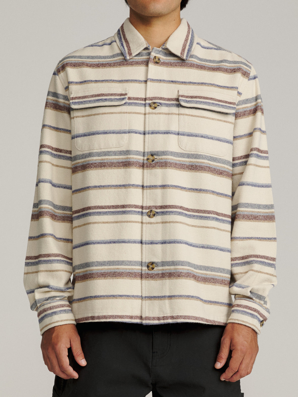 Katin Shiloh Flannel in Pelican heavyweight flannel, on model, front #color_pelican