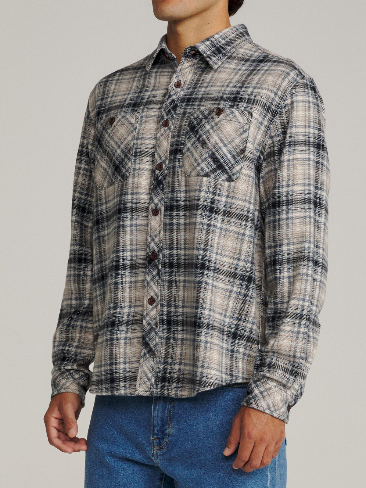 Katin Sierra Flannel in Tempest Blue midweight flannel, on model, side #color_tempest blue