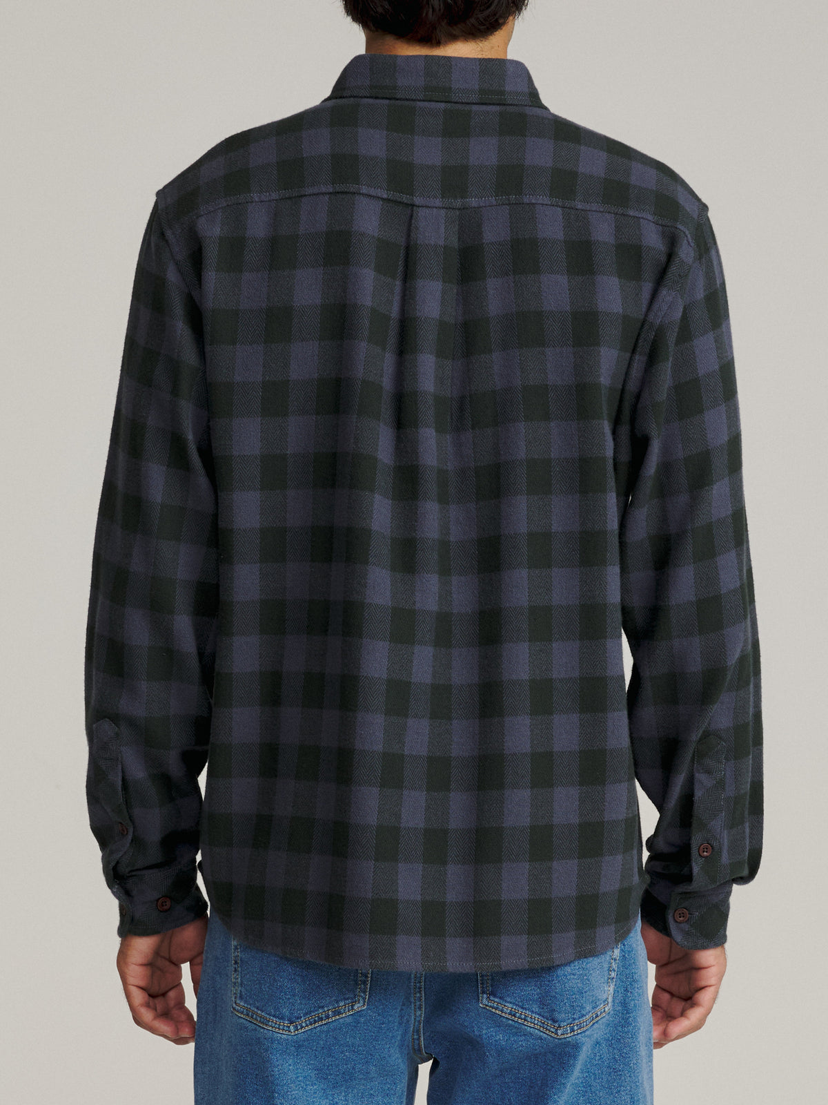 Katin Sierra Flannel in Washed Blue Plaid, on model, back #color_washed blue plaid