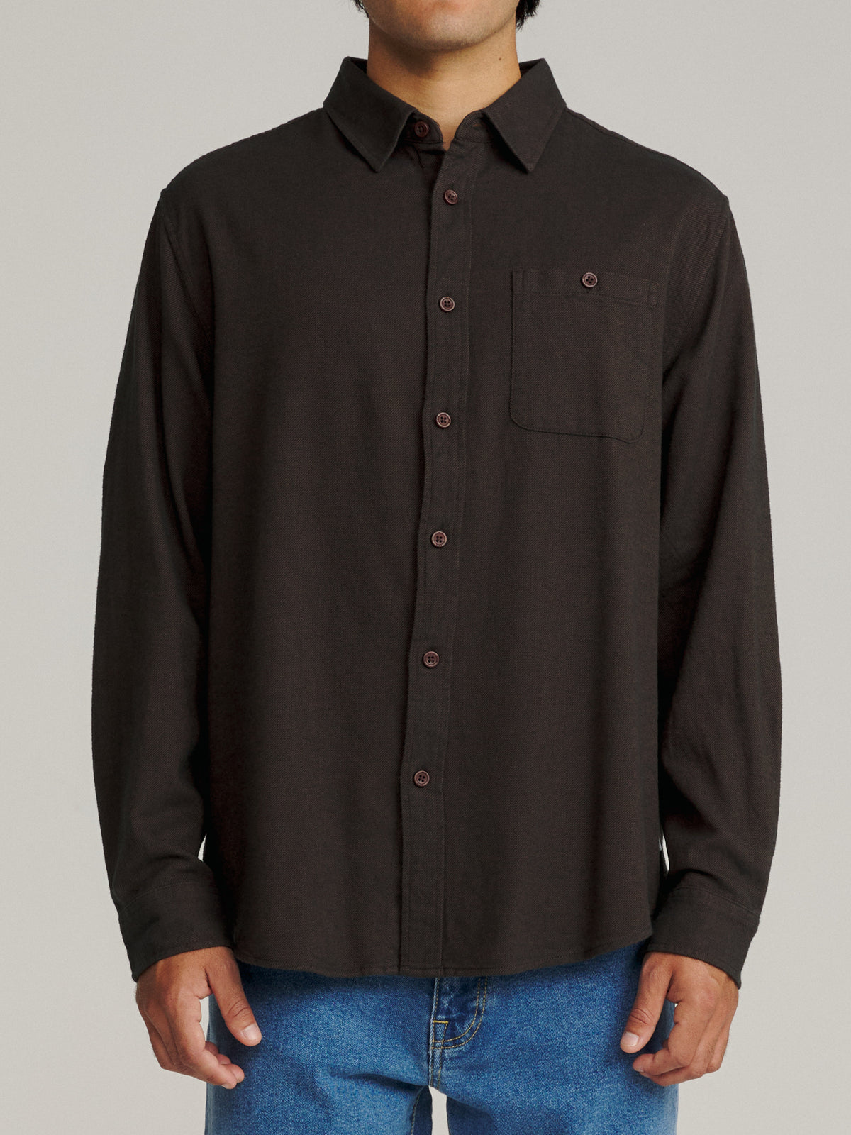 Katin Twiller Flannel in French Roast lightweight flannel, on model, front #color_french roast