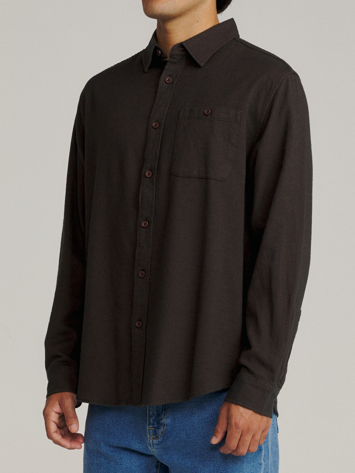 Katin Twiller Flannel in French Roast lightweight flannel, on model, side #color_french roast