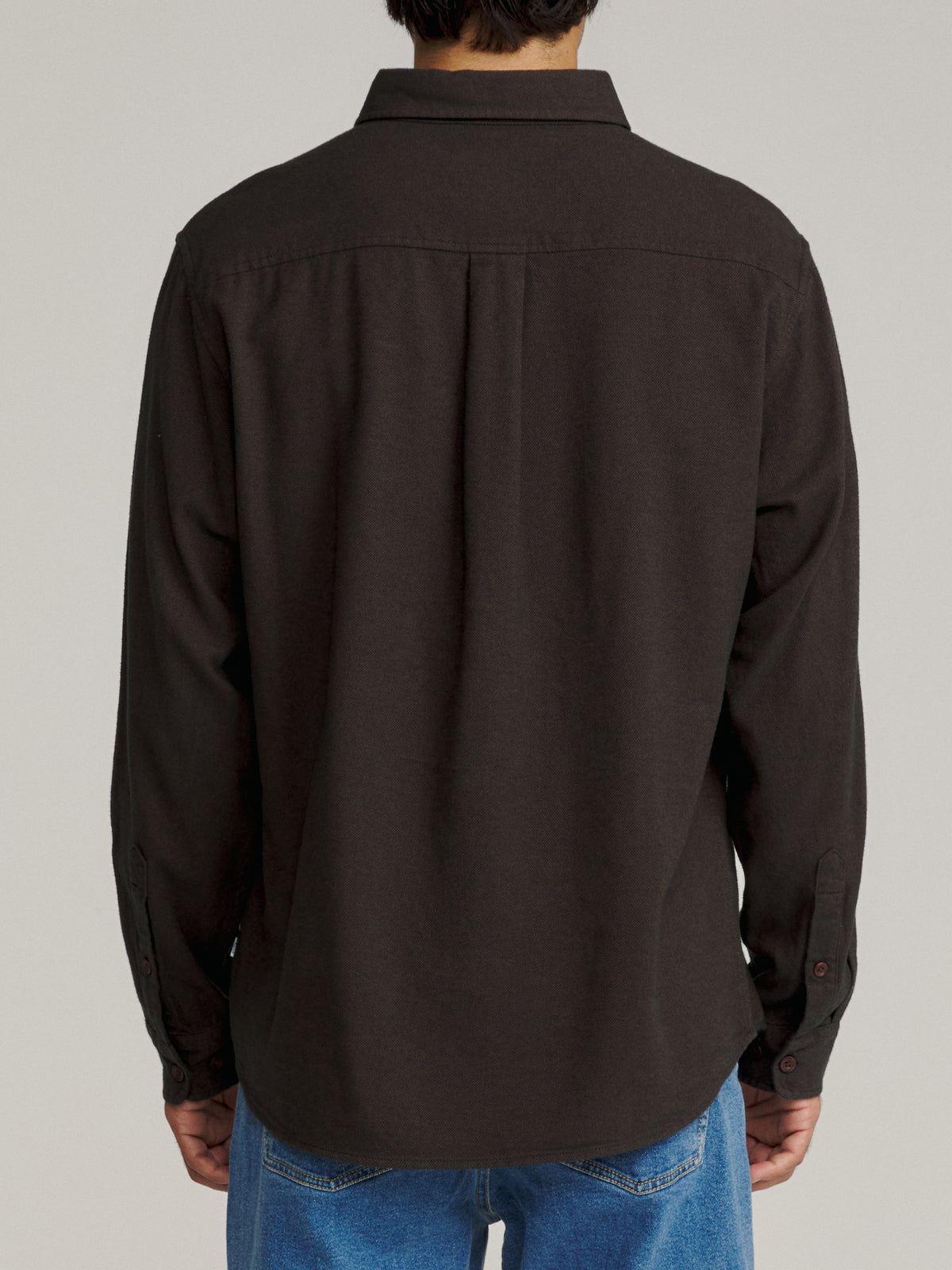 Katin Twiller Flannel in French Roast lightweight flannel, on model, back #color_french roast