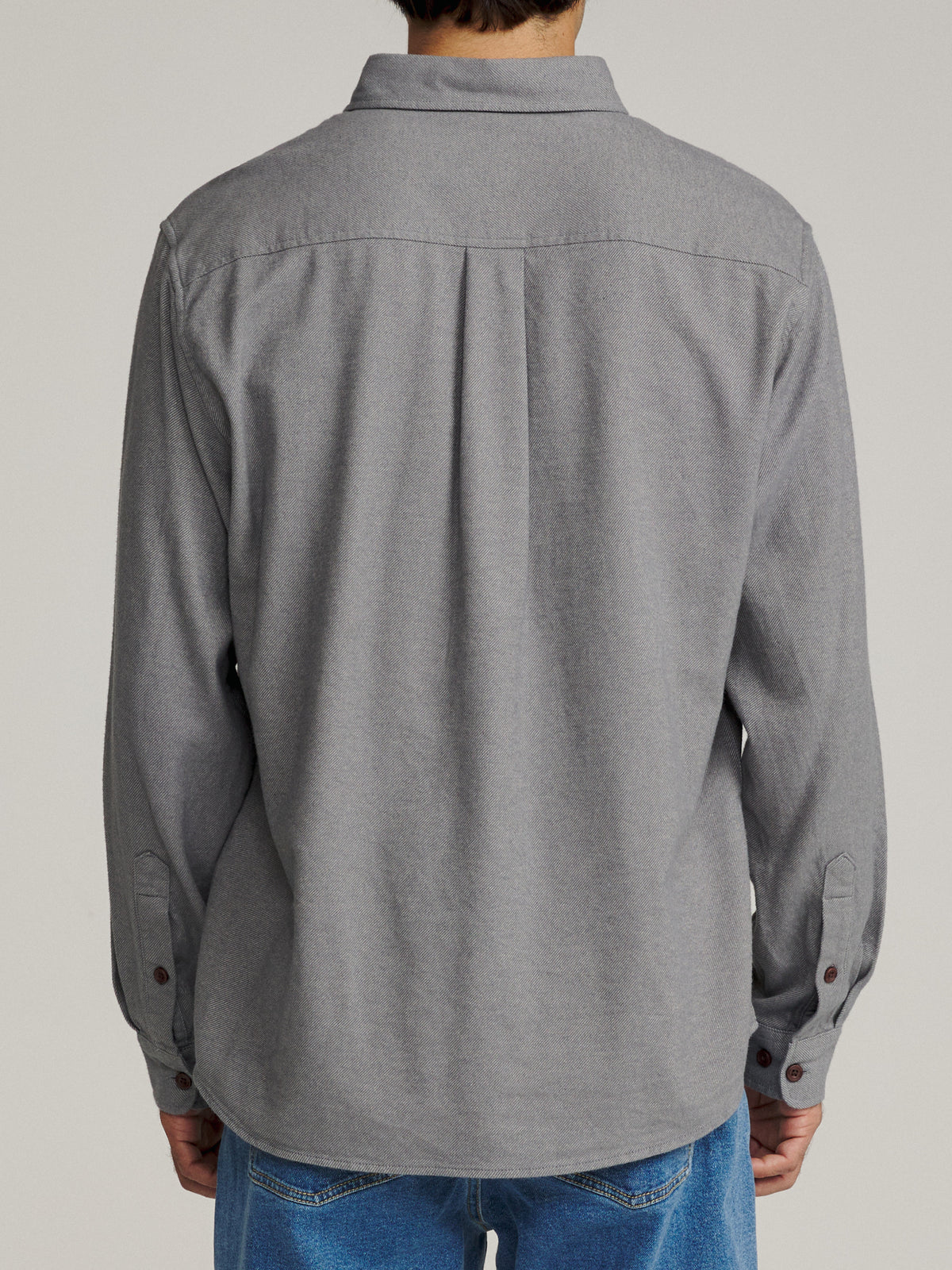 Katin Twiller Flannel in Gray lightweight flannel, on model, back #color_gray