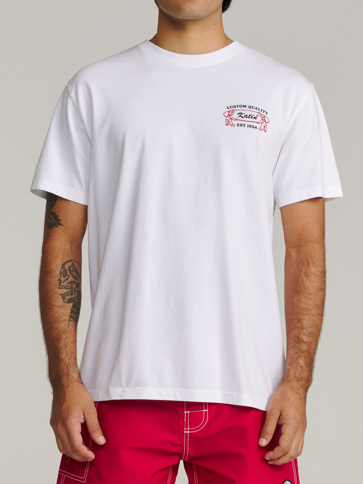 Katin Blanks Tee in White midweight jersey, on model, front #color_white