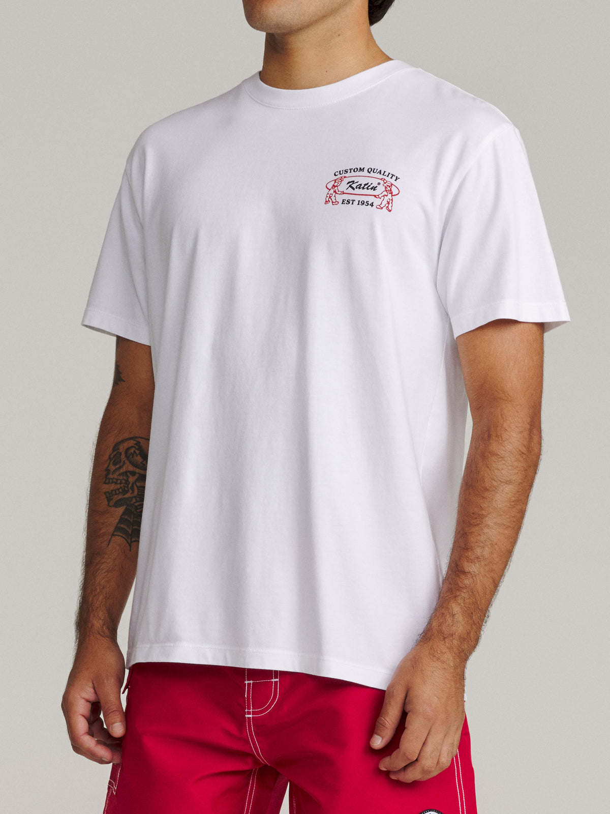 Katin Blanks Tee in White midweight jersey, on model, side #color_white