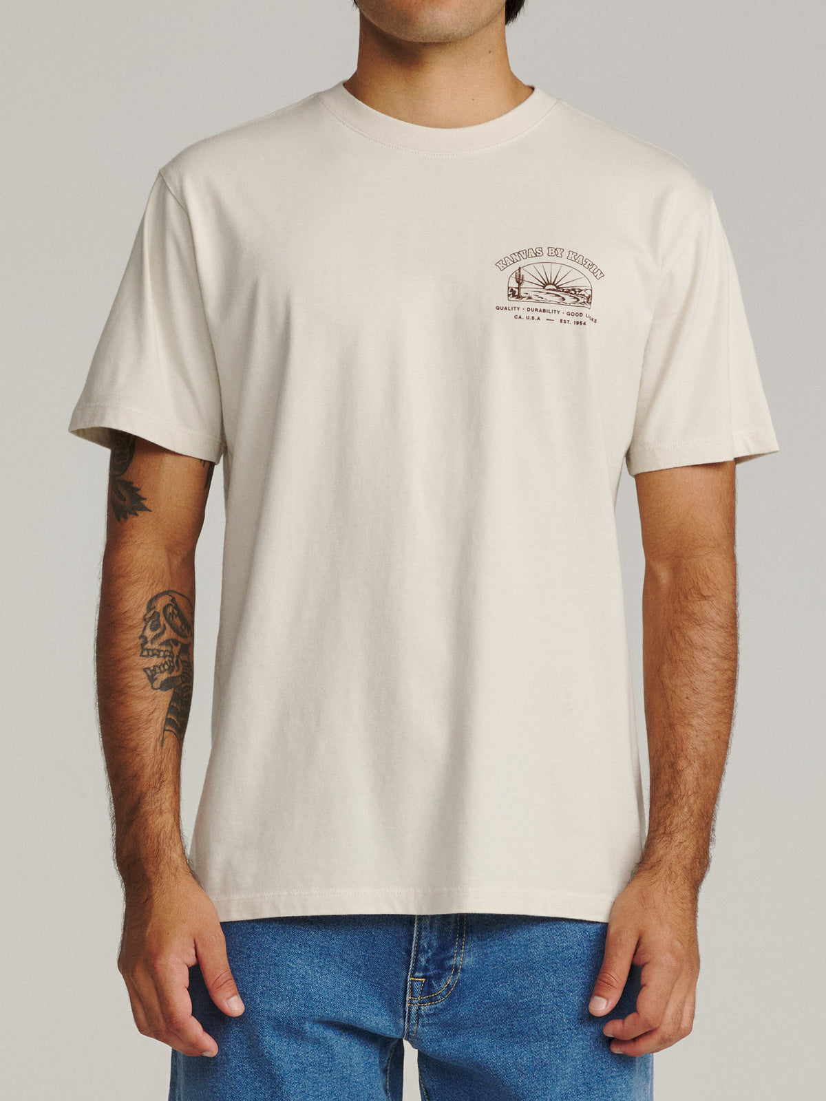 Katin Clint Tee in Vintage White midweight jersey, on model, front #color_vintage white