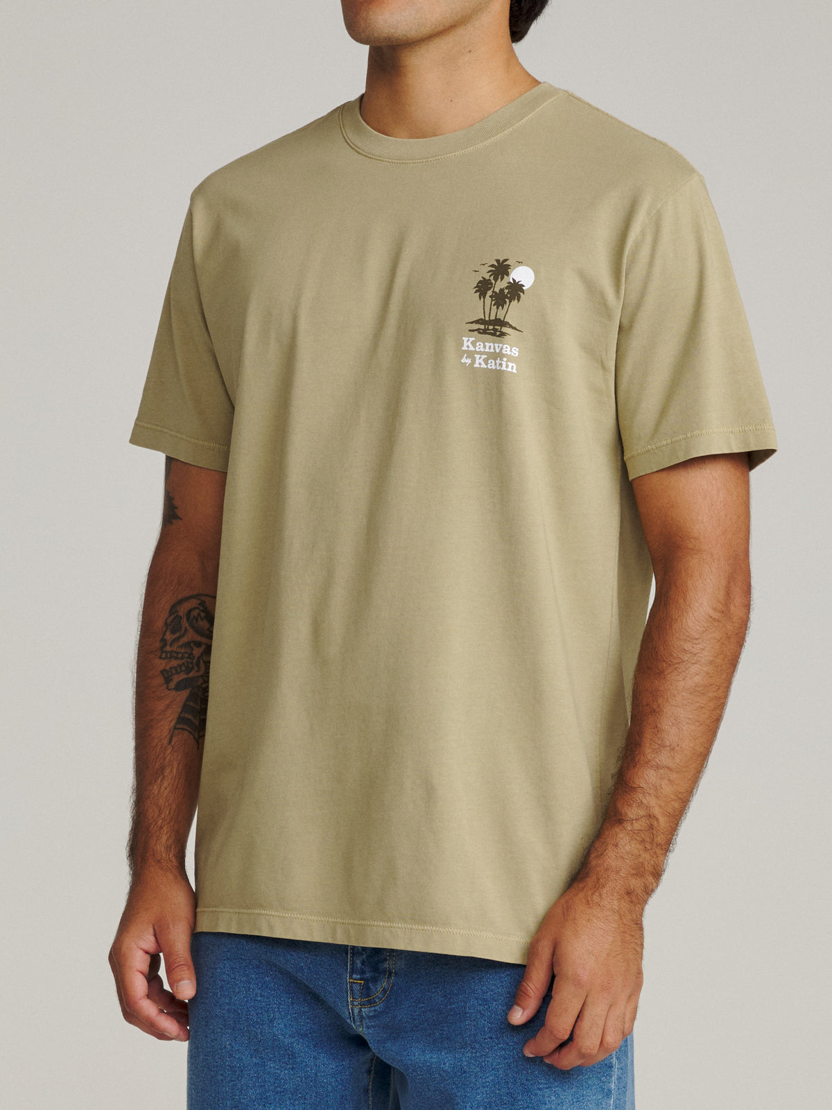 Katin Kai Tee in Covert Green Vintage Wash, on model, side #color_covert green vintage wash