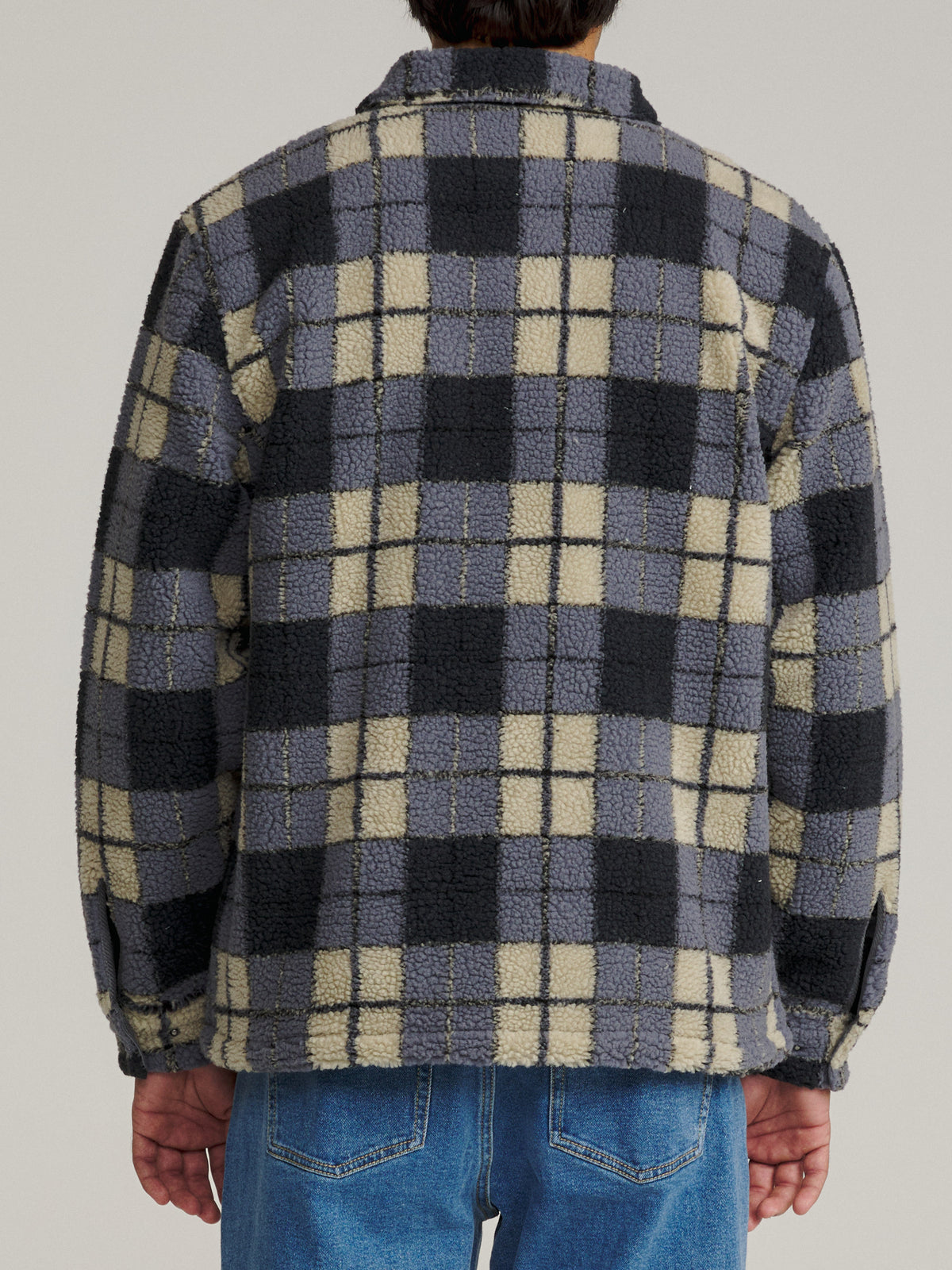Katin Anderson Sherpa Jacket in Storm Blue sherpa, on model, back #color_storm blue