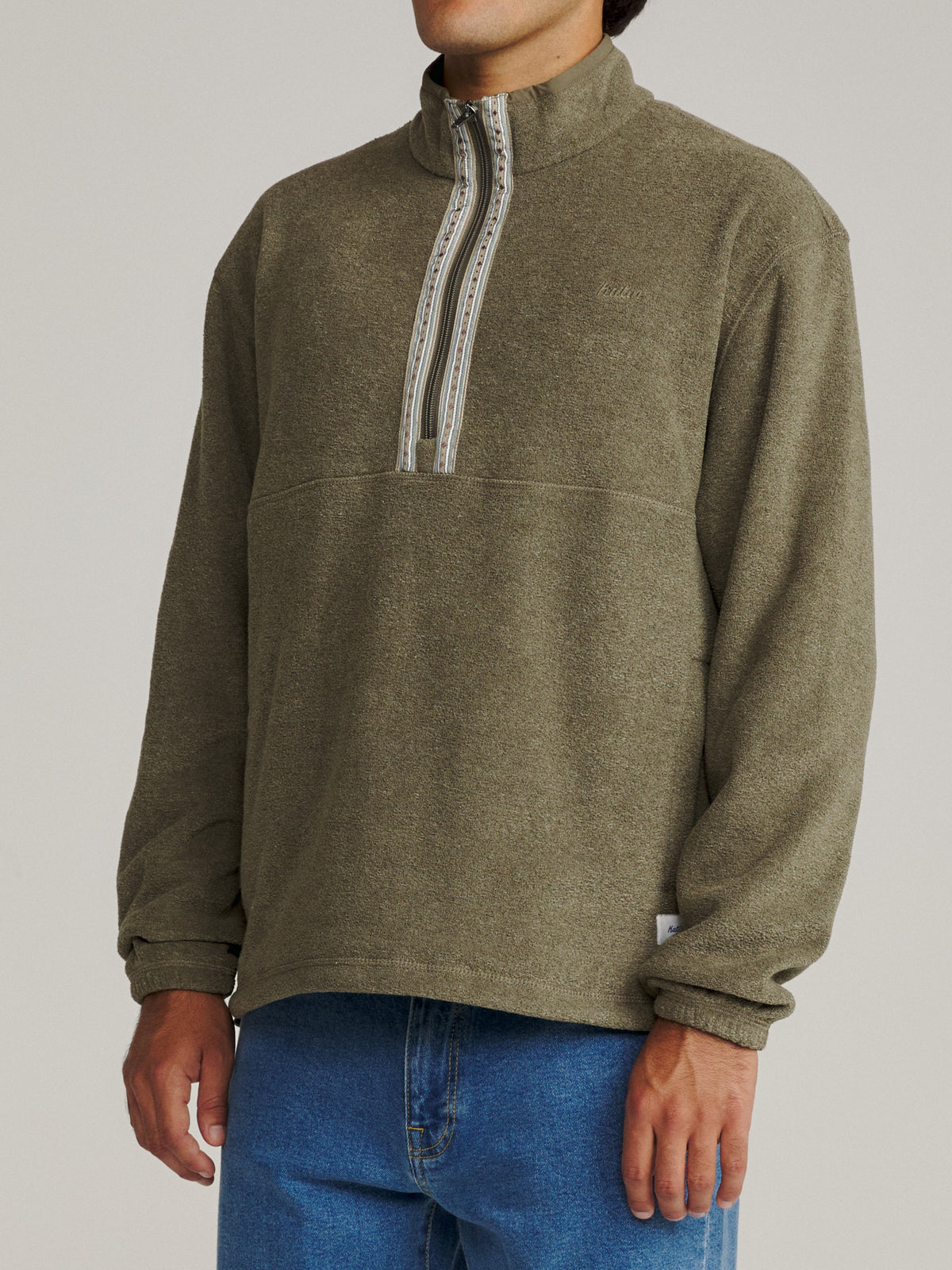 Katin Nelson Jacket in Olive polar fleece, on model, side #color_olive