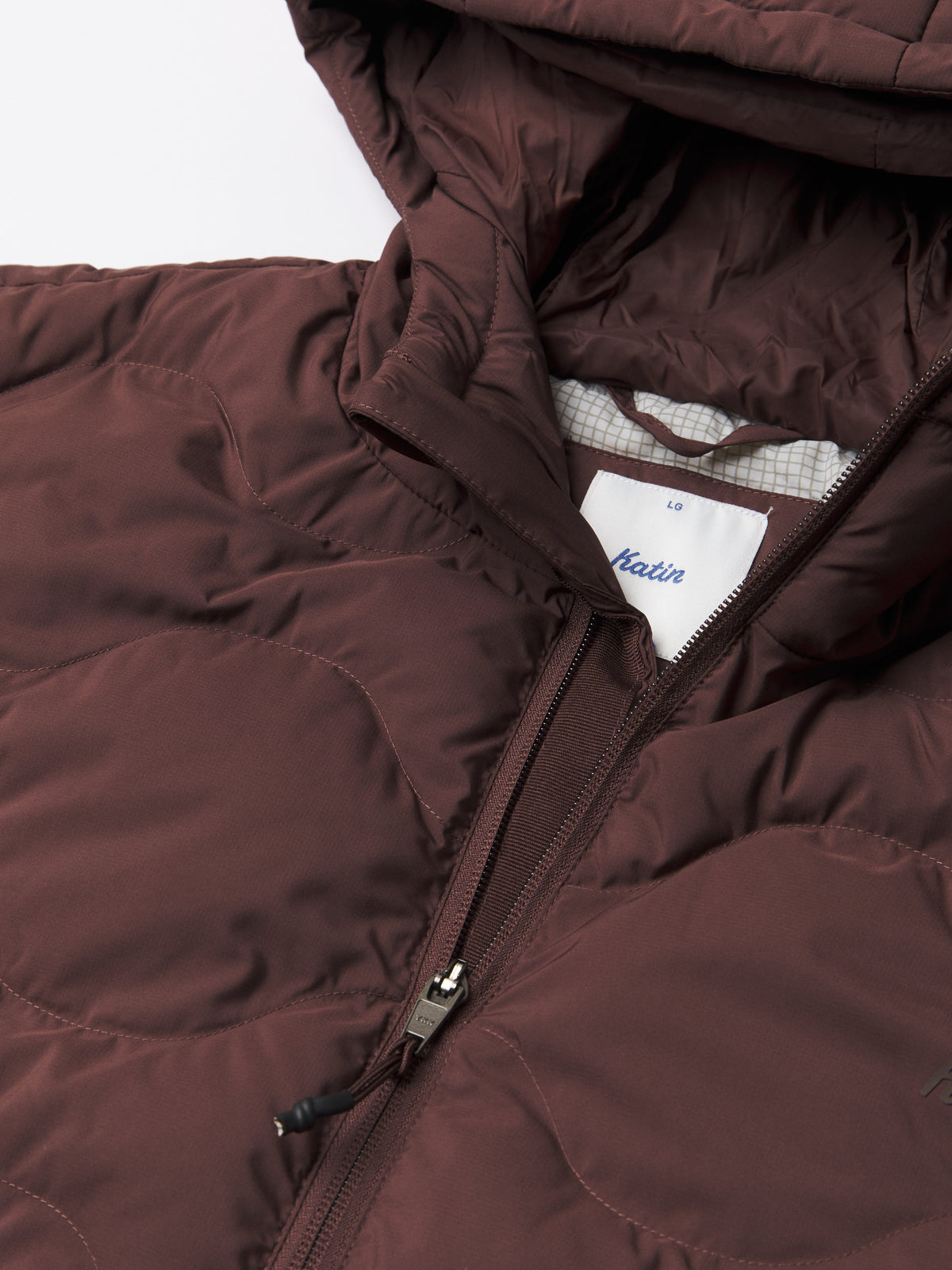 Katin OTG Henson Hooded Puffer in French Roast, flat, front detail #color_french roast