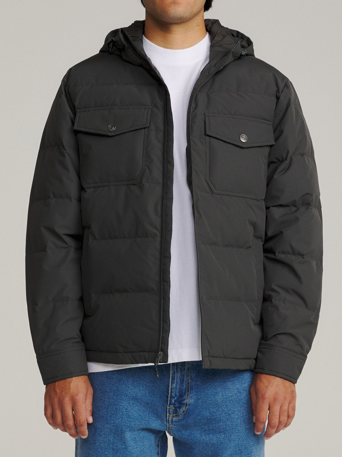 Katin OTG Summit Hooded Down Puffer in Black Wash with a stacked fill pattern, on model, front #color_black wash