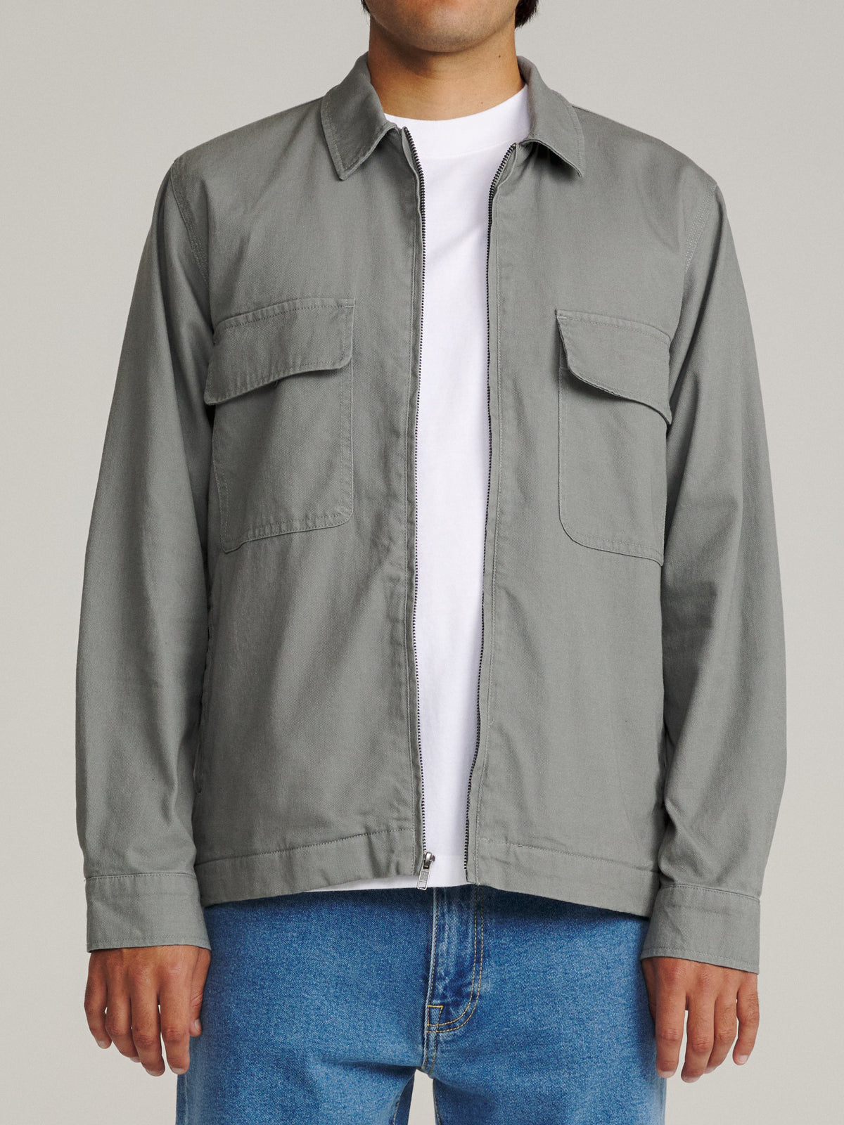 Katin Petrol Jacket in Gray slub jacquard, on model, front #color_gray