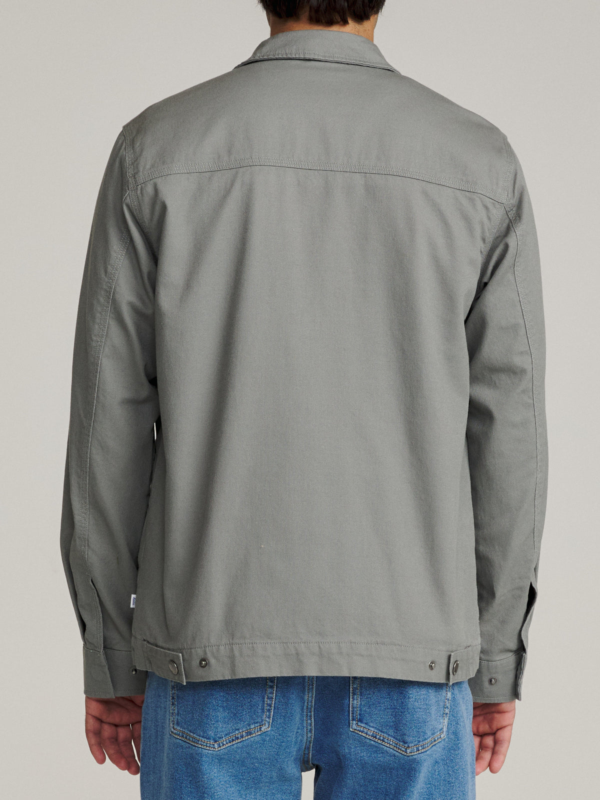 Katin Petrol Jacket in Gray slub jacquard, on model, back #color_gray
