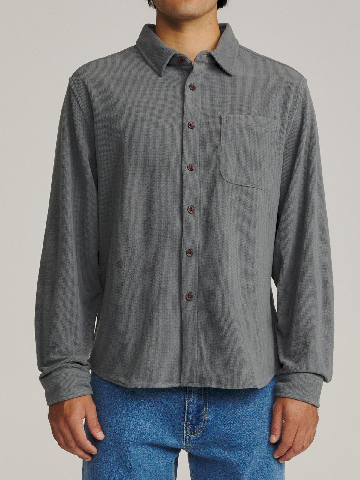 Katin Roland Shirt in Graphite waffle knit corduroy, on model, front #color_graphite