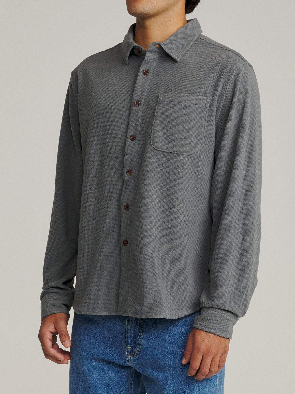 Katin Roland Shirt in Graphite waffle knit corduroy, on model, side #color_graphite