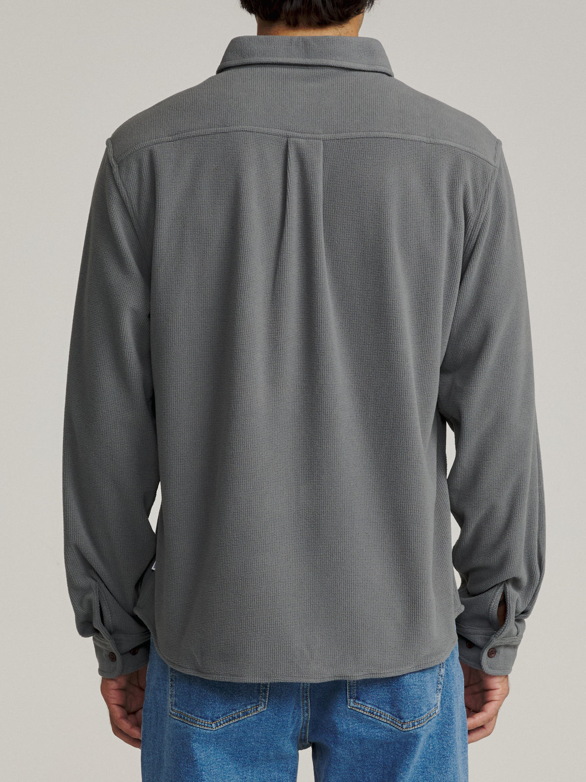 Katin Roland Shirt in Graphite waffle knit corduroy, on model, back #color_graphite