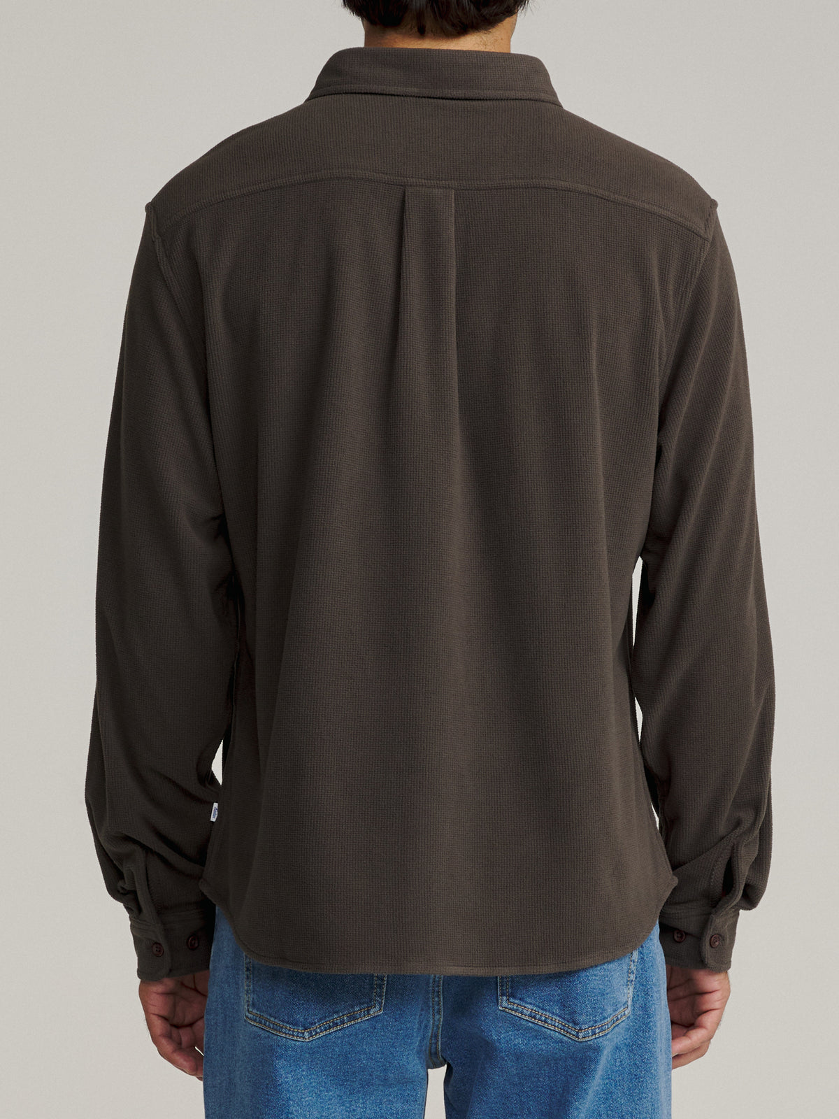 Katin Roland Shirt in Lead waffle knit corduroy, on model, back #color_lead