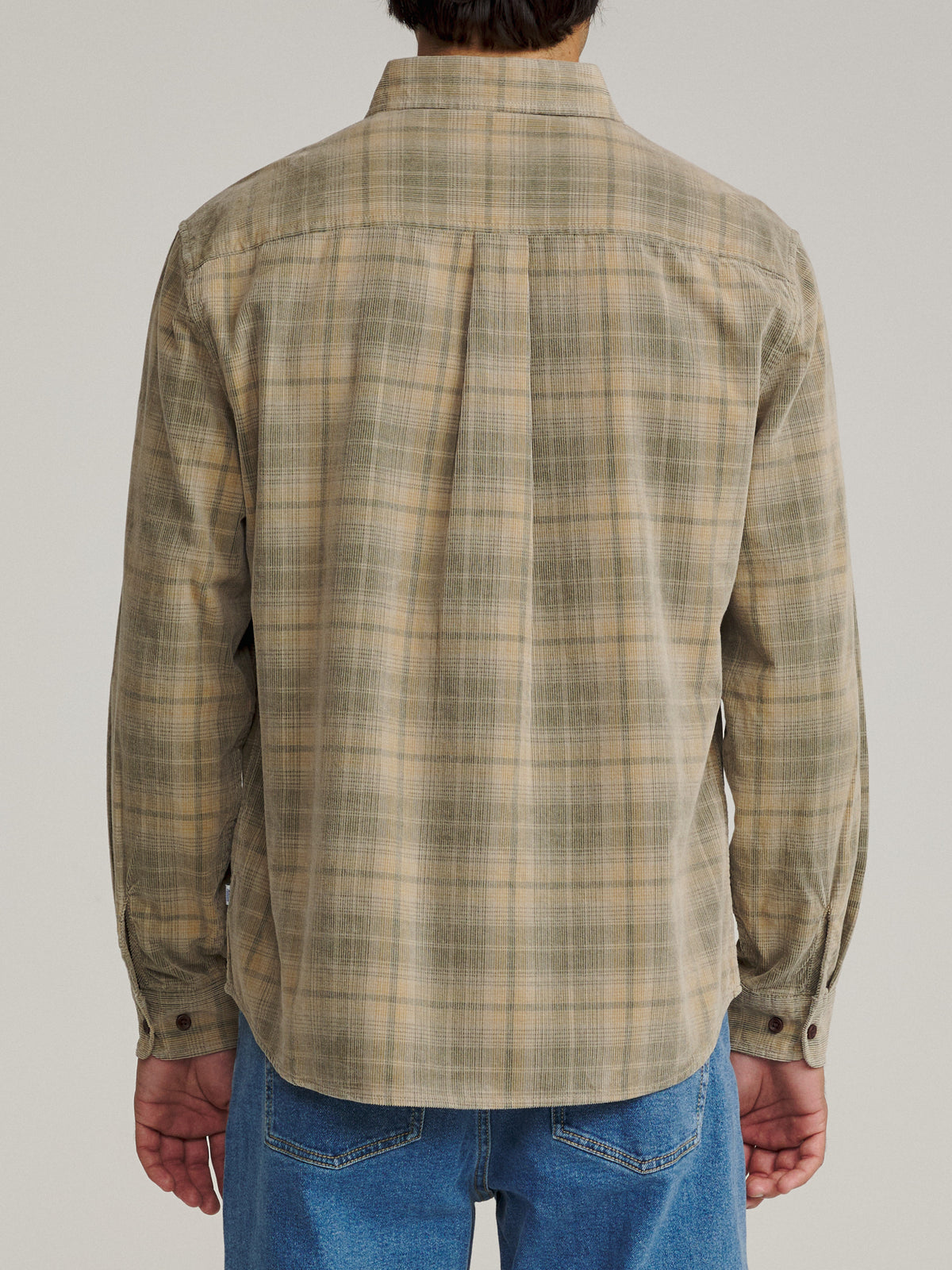 Katin Stevie Shirt in Khaki 18 wale corduroy, on model, back #color_khaki