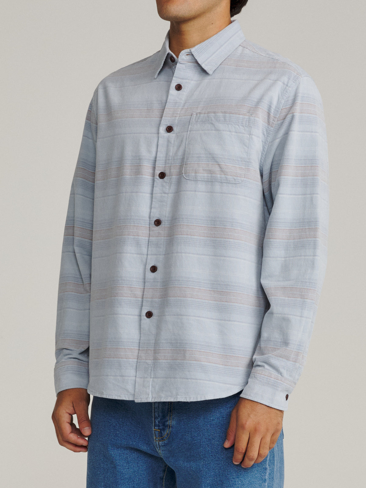 Katin Stevie Shirt in Light Blue 18 wale corduroy, on model, side #color_light blue
