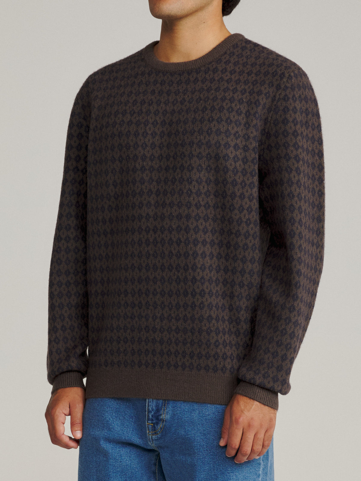 Katin Check Sweater in Gray/Navy with a custom argyle pattern, on model, side #color_gray/navy