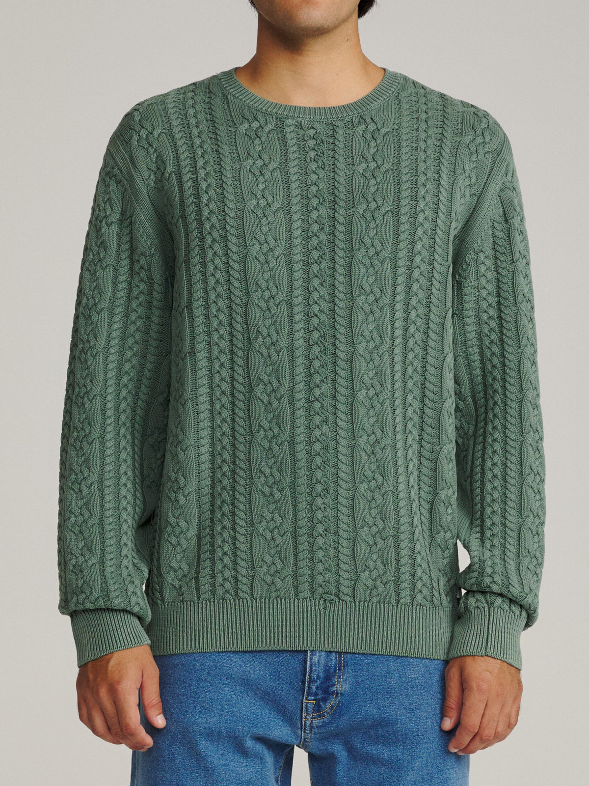 Katin Fisherman Sweater in Pine, on model, front #color_pine