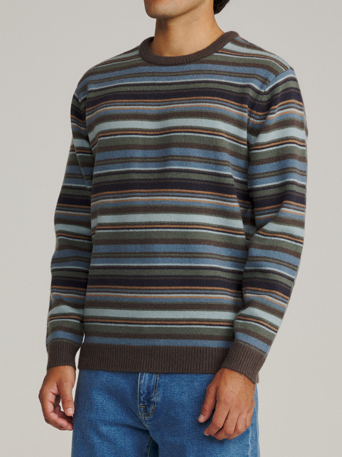 Katin Hitch Sweater in Tempest Blue with a custom stripe pattern, on model, side #color_tempest blue