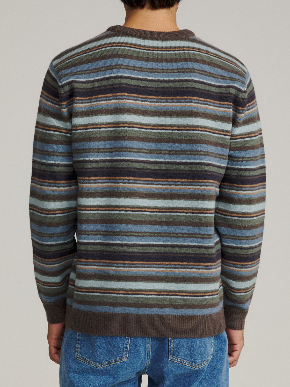 Katin Hitch Sweater in Tempest Blue with a custom stripe pattern, on model, back #color_tempest blue