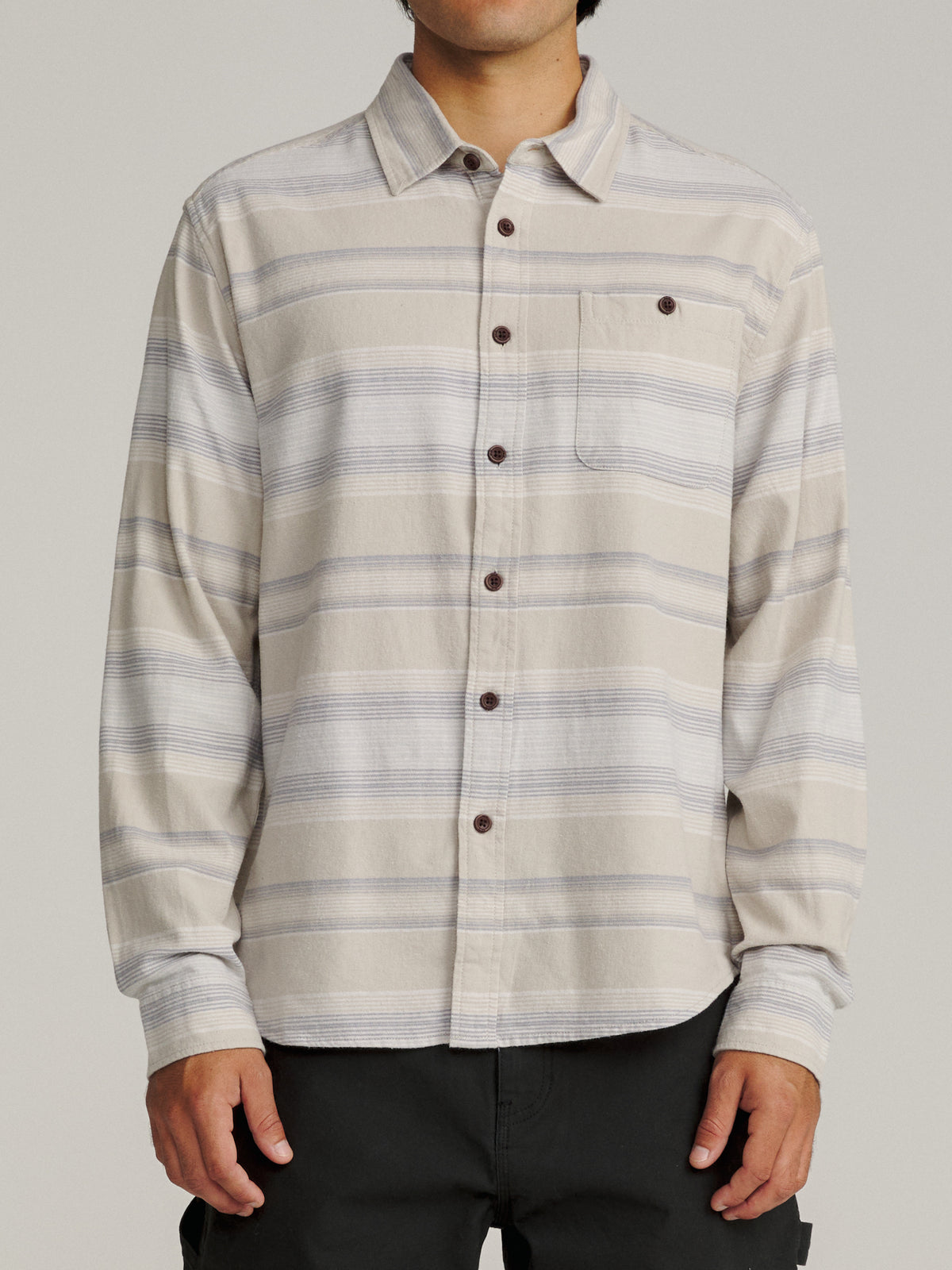 Katin Derek Flannel in Birch lightweight flannel, on model, front #color_birch