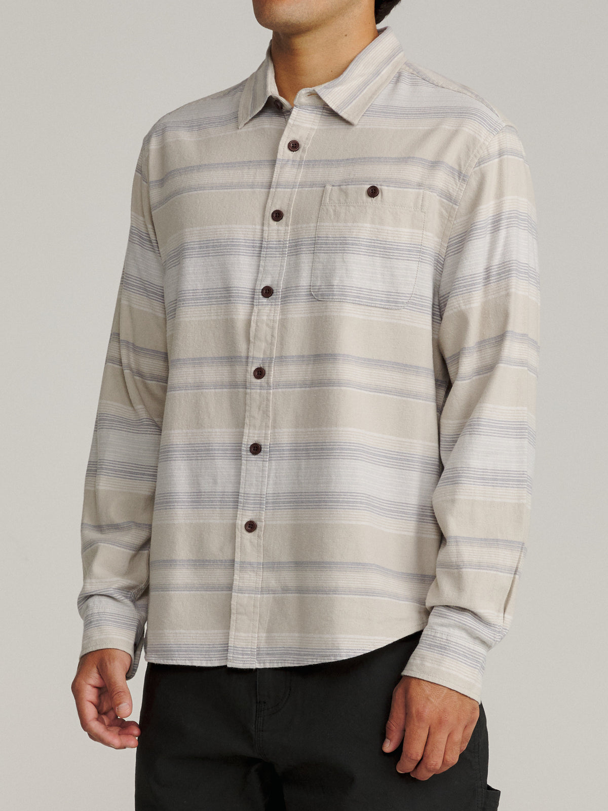 Katin Derek Flannel in Birch lightweight flannel, on model, side #color_birch