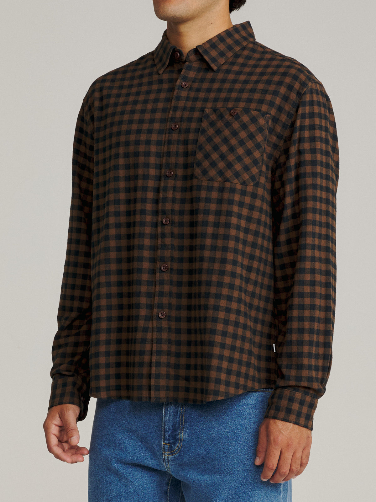Katin Derek Flannel in Brown Plaid lightweight flannel, on model, side #color_brown plaid
