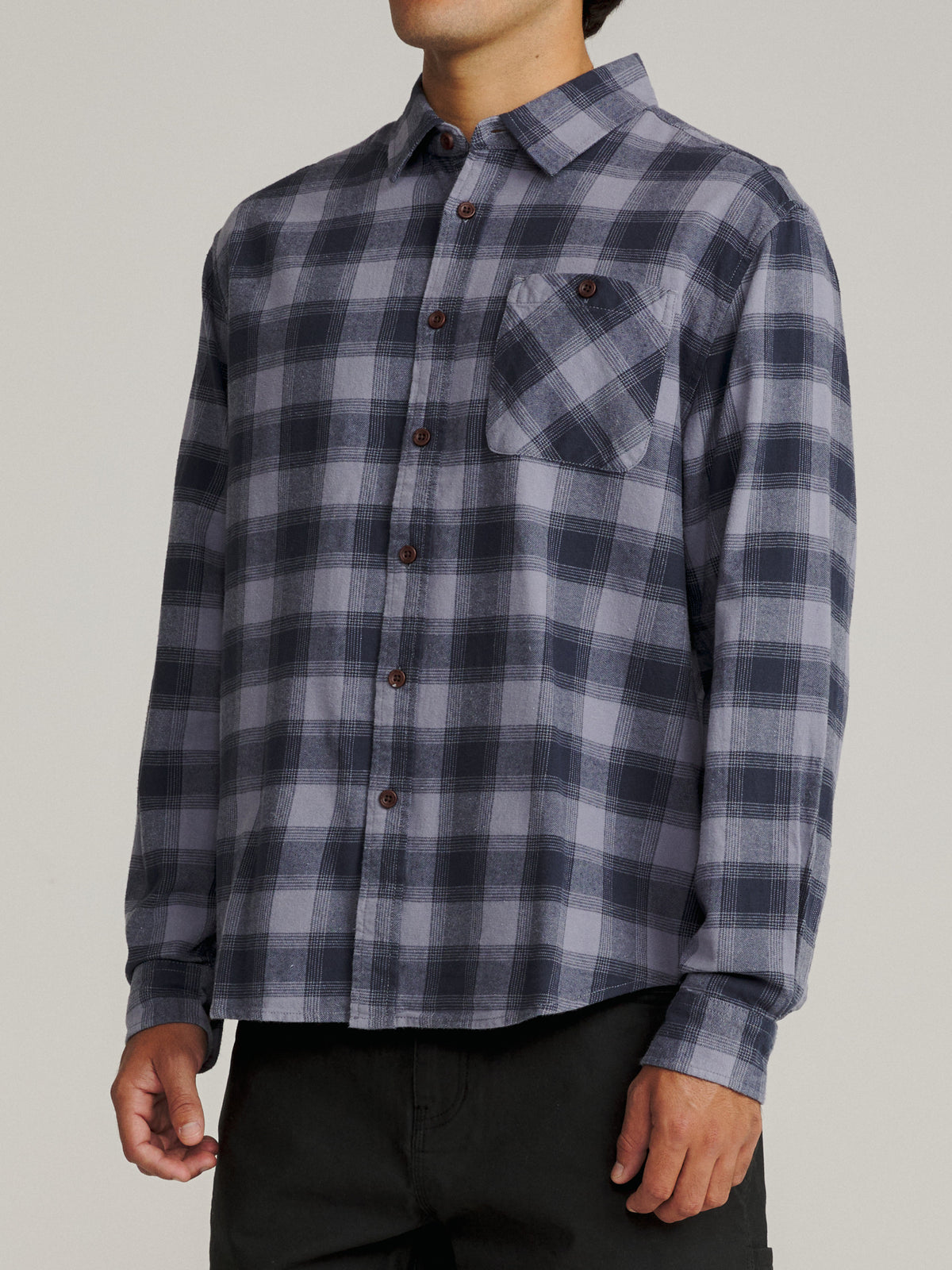 Katin Derek Flannel in Tradewinds Plaid lightweight flannel, on model, side #color_tradewinds plaid