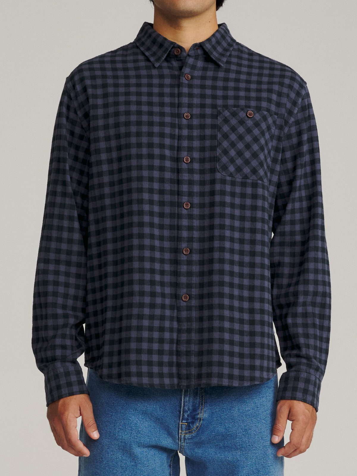 Katin Derek Flannel in Washed Blue Plaid, on model, front #color_washed blue plaid