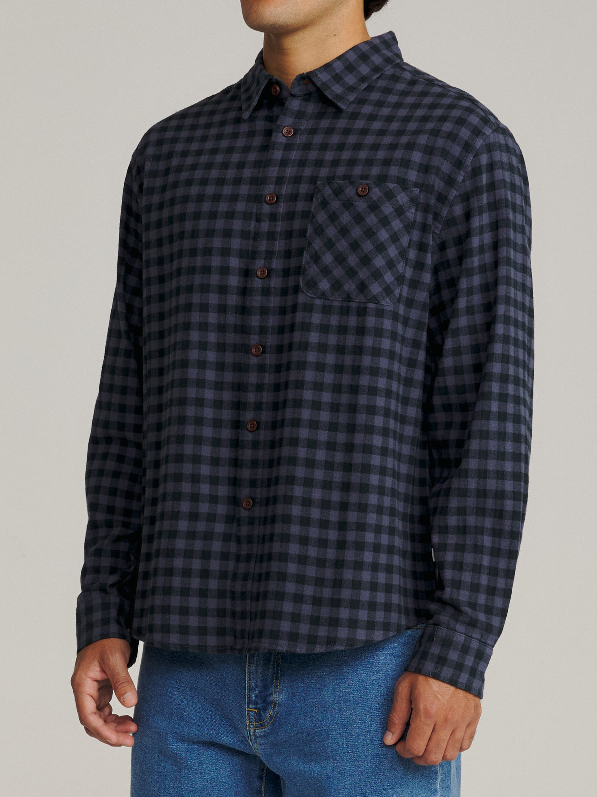 Katin Derek Flannel in Washed Blue Plaid, on model, side #color_washed blue plaid