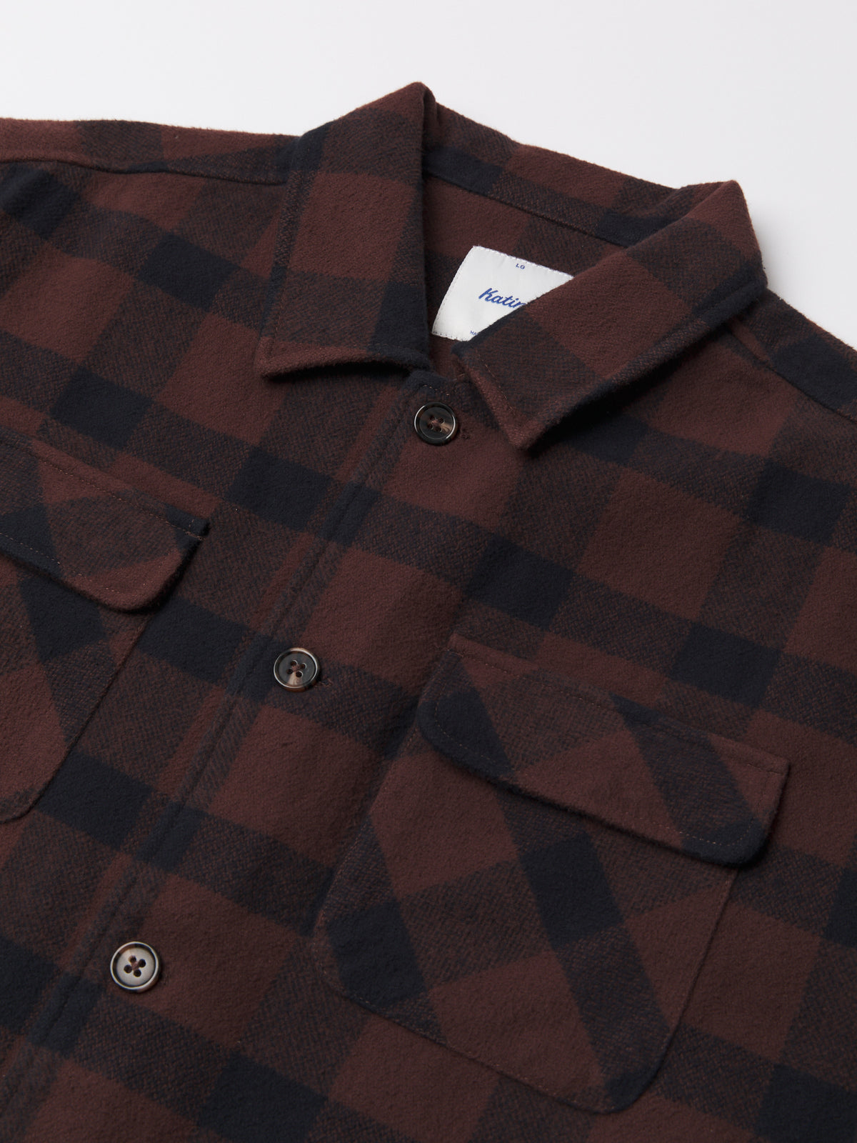 Katin Shiloh Flannel in French Roast Plaid, flat, front detail #color_french roast plaid