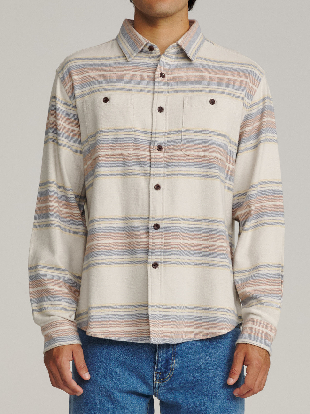 Katin Sierra Flannel in Birch midweight flannel, on model, front #color_birch