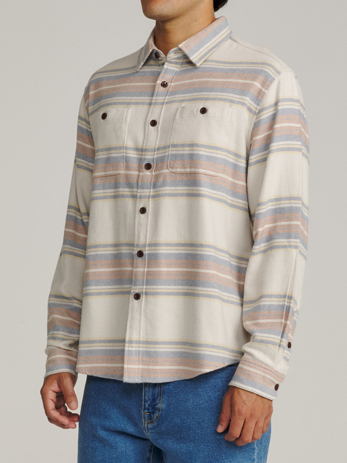 Katin Sierra Flannel in Birch midweight flannel, on model, side #color_birch