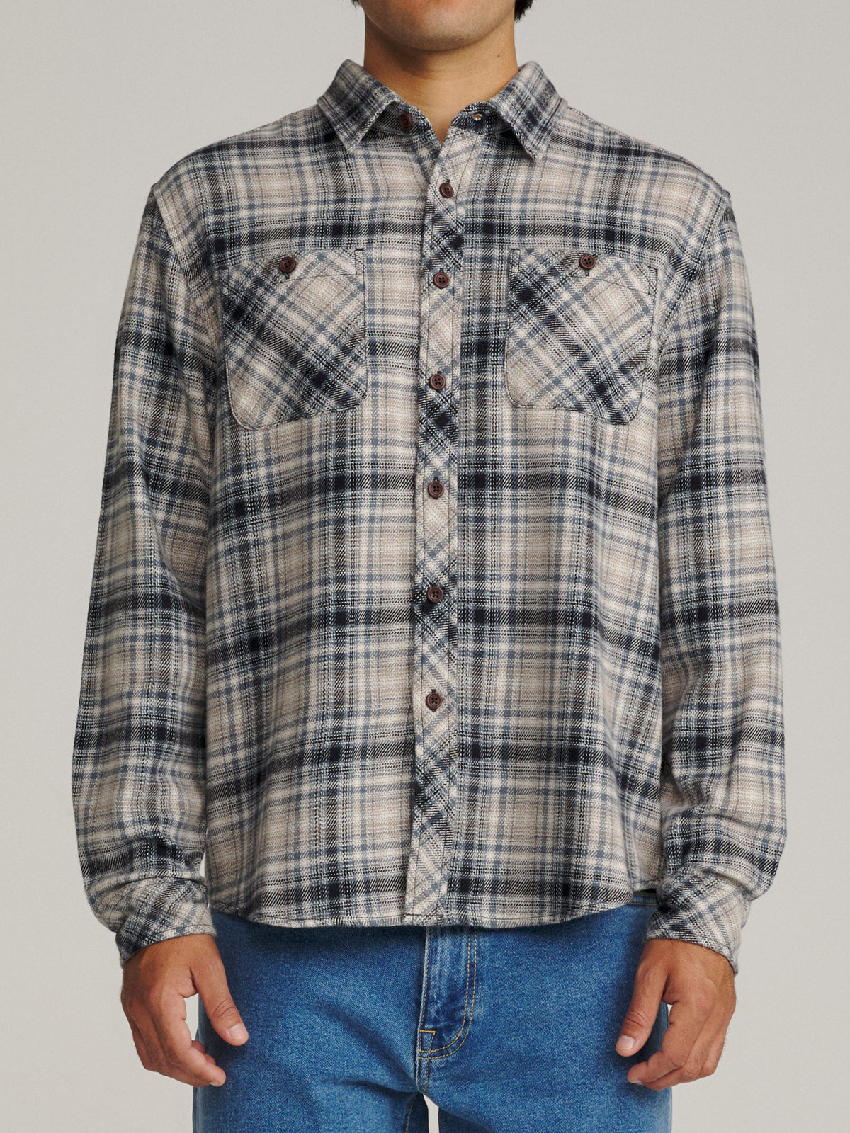 Katin Sierra Flannel in Tempest Blue midweight flannel, on model, front #color_tempest blue