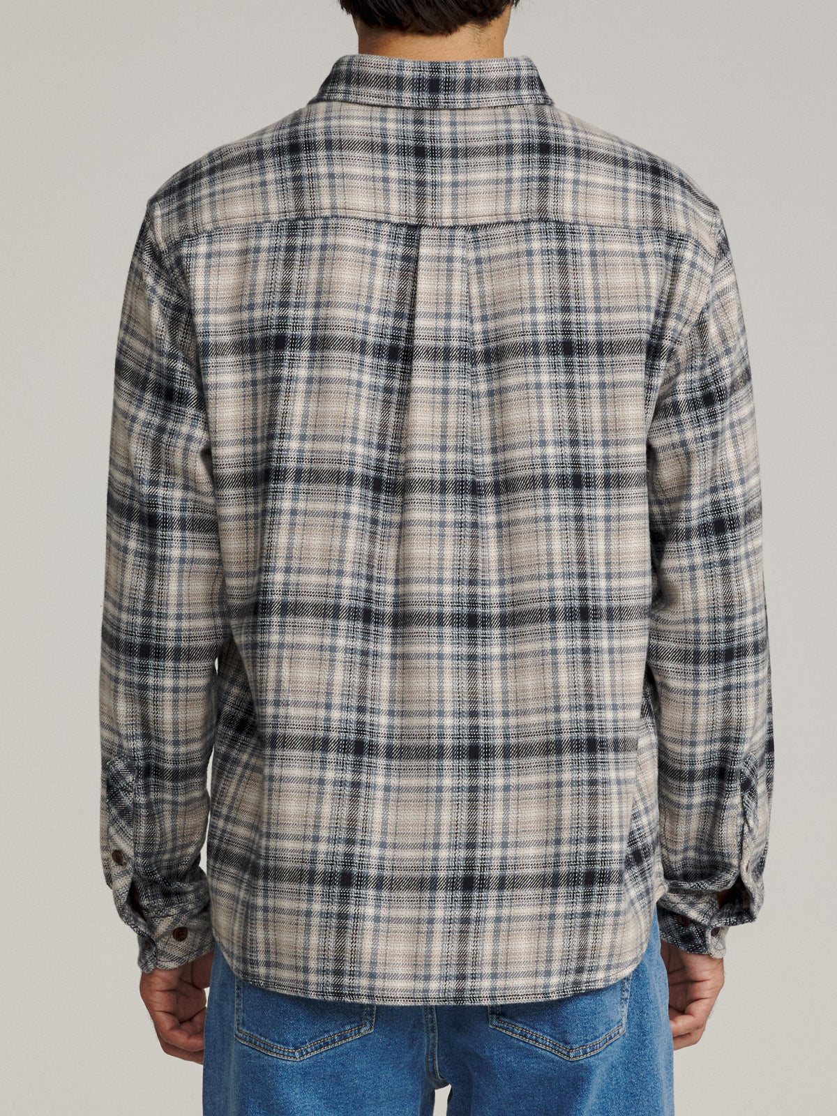 Katin Sierra Flannel in Tempest Blue midweight flannel, on model, back #color_tempest blue