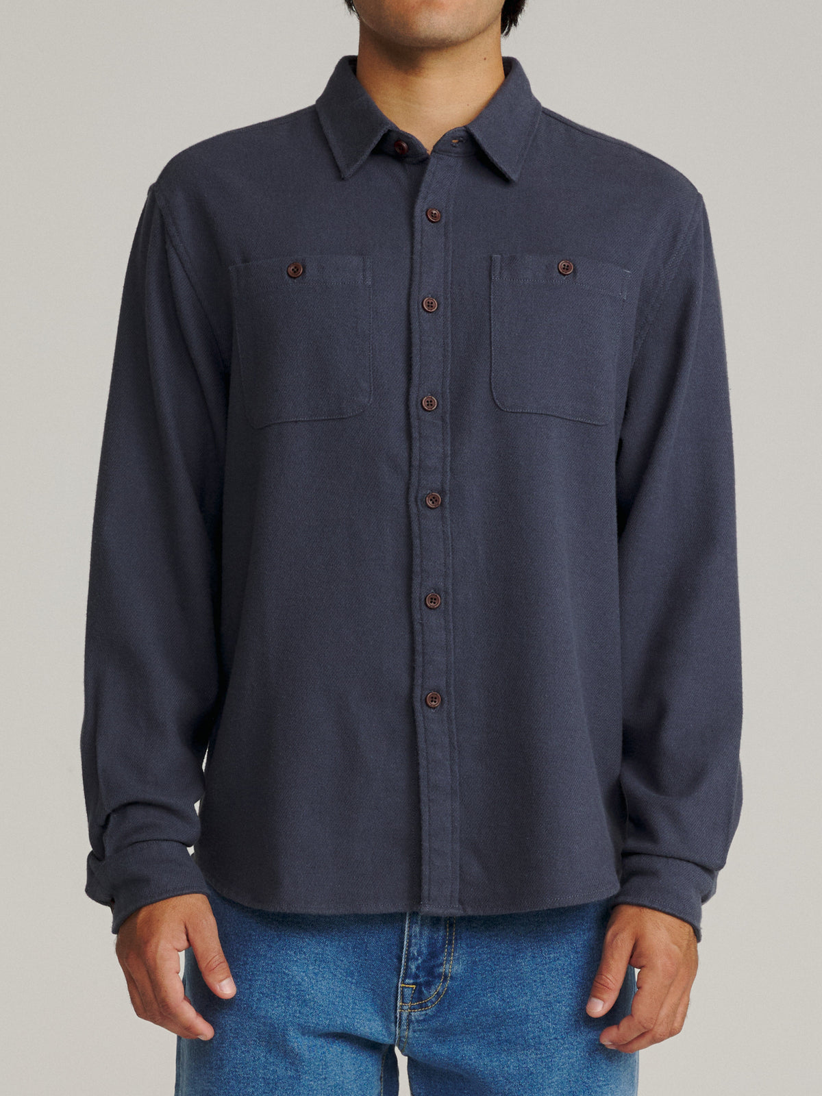 Katin Sierra Flannel in Washed Blue midweight flannel, on model, front #color_washed blue