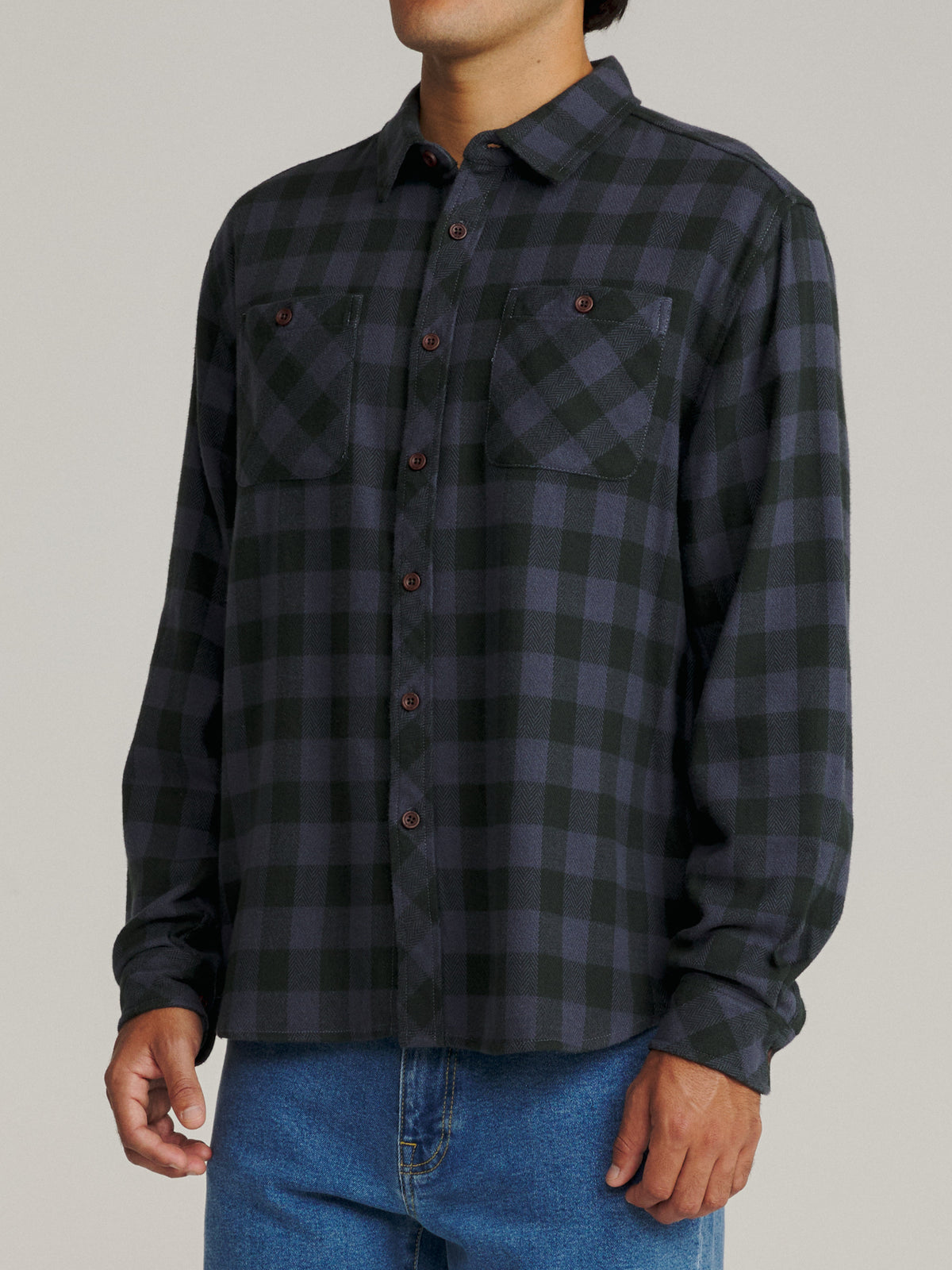 Katin Sierra Flannel in Washed Blue Plaid, on model, side #color_washed blue plaid