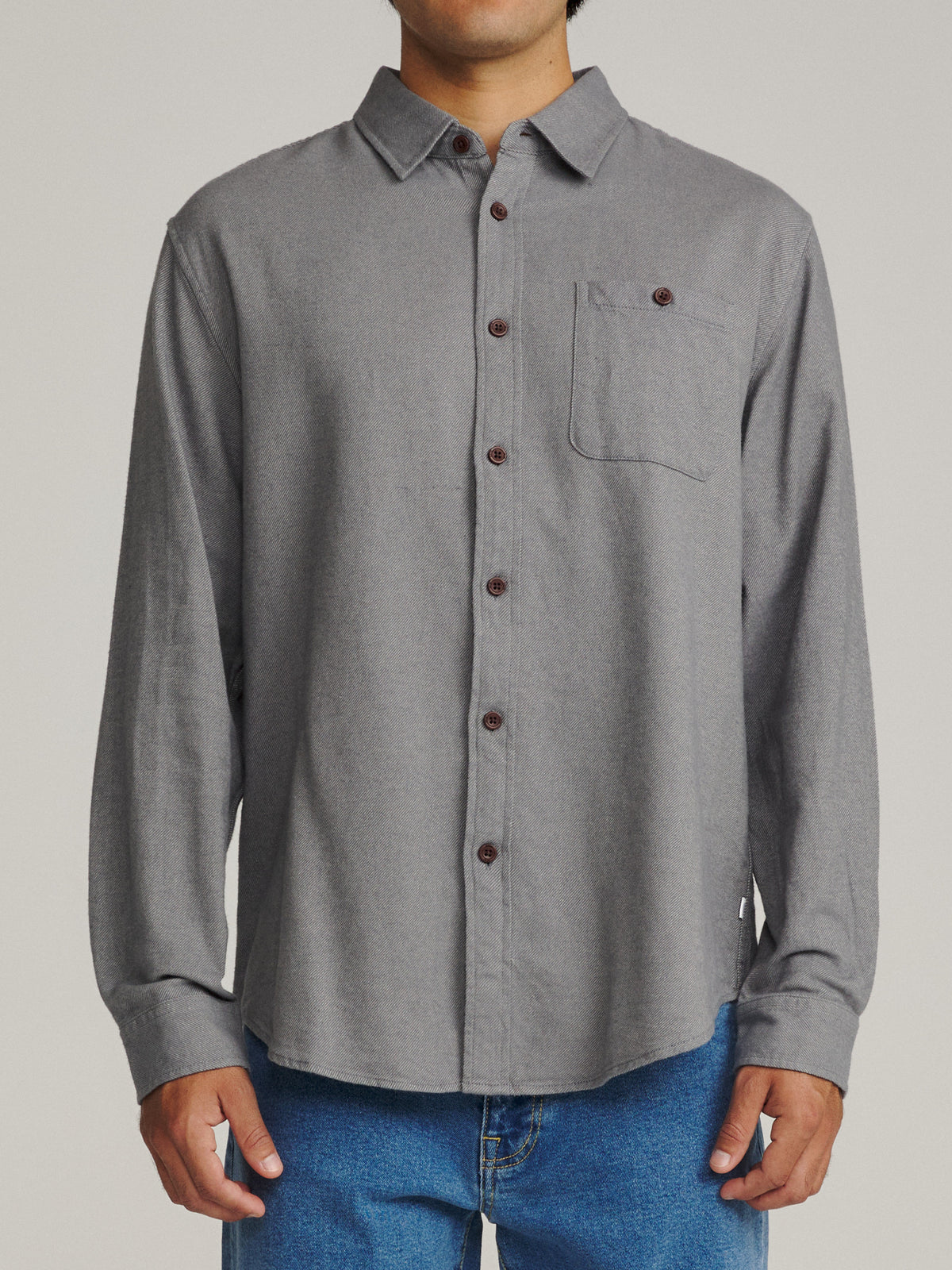 Katin Twiller Flannel in Gray lightweight flannel, on model, front #color_gray