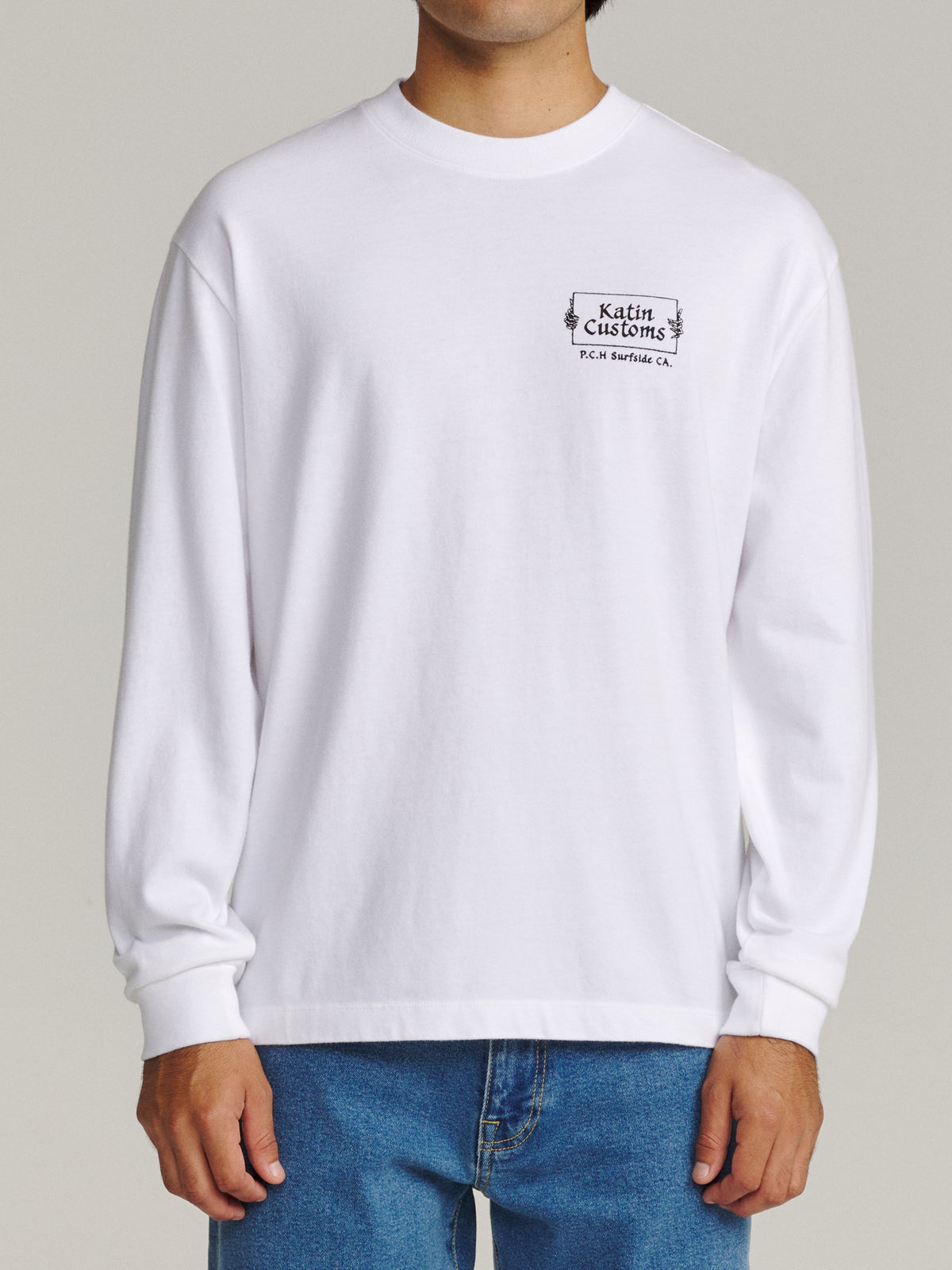 Katin Void Box Fit LS Tee in White heavyweight jersey, on model, front #color_white