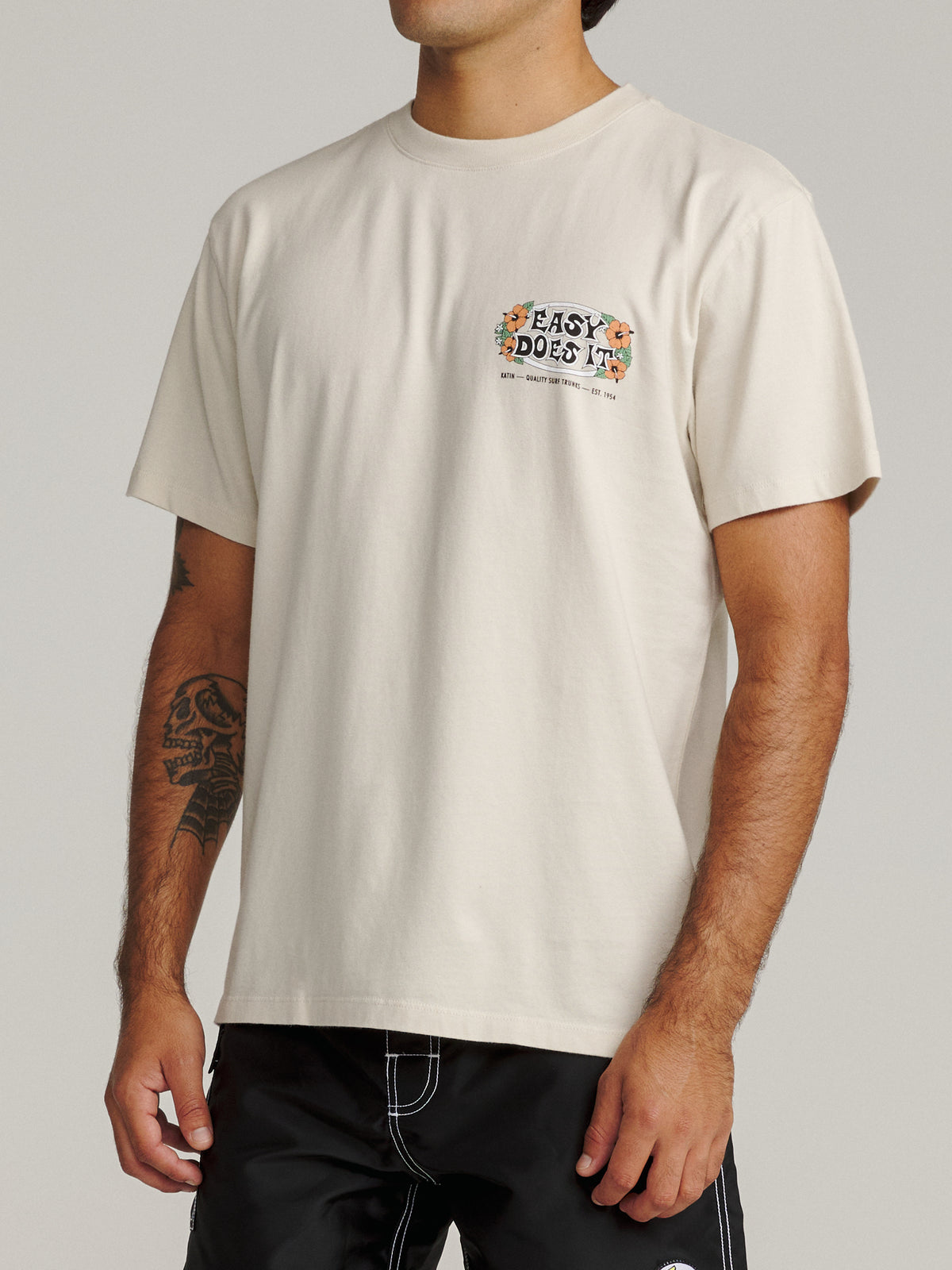 Katin Barra Tee in Vintage White midweight jersey, on model, side #color_vintage white